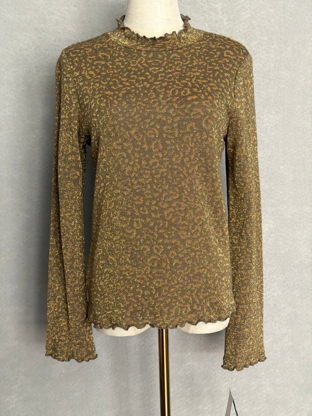 Democracy Mock Neck Top Metallic Knit Lettuce Edge Detail Women's Small NEW